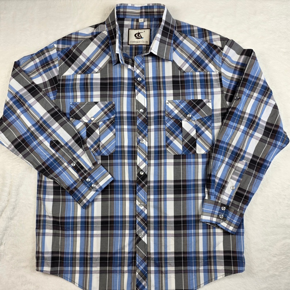 Coevals Club Western Shirt Mens Large Plaid Excellent Pearl Snap Long Sleeve